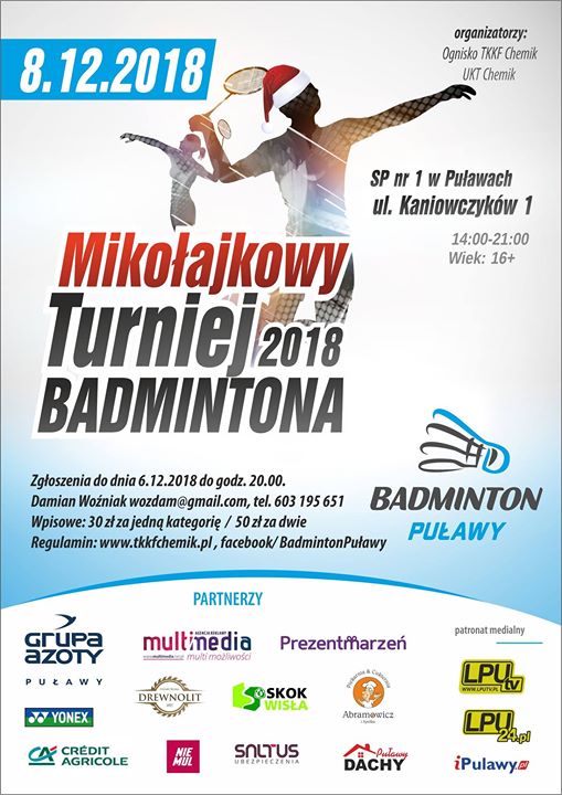 TKKF Chemik oraz UKT Chemik zapraszają 8 grudnia na Ogólnopolski Mikołajkowy Turniej Badmintona w…
